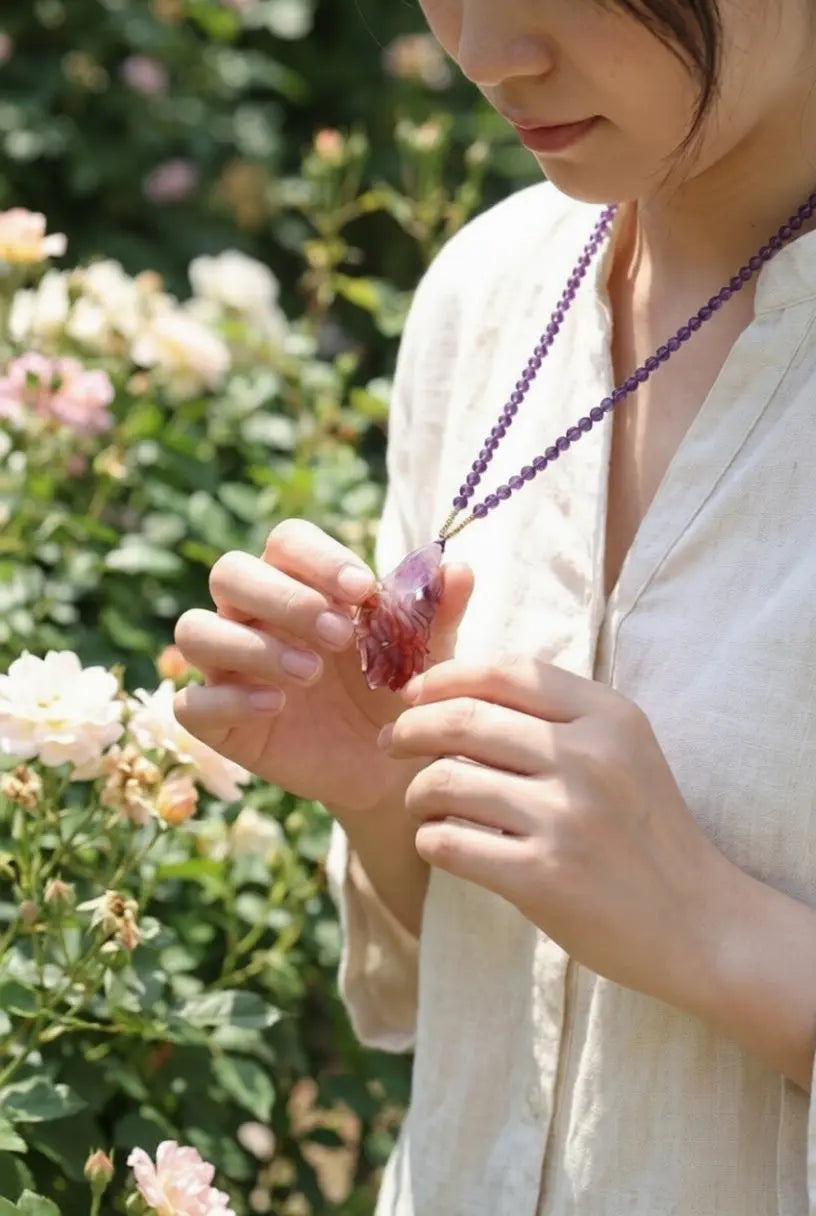 Gradient Amethyst & Red Agate Goldfish Necklace | Carved Talisman for Wealth, Good Luck & Manifestation | Feng Shui Jewelry BuddhaCrystal