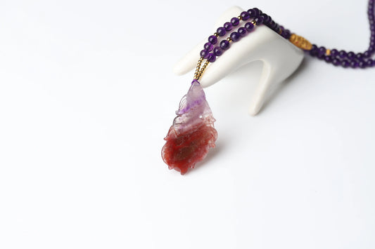 Gradient Amethyst & Red Agate Goldfish Necklace | Carved Talisman for Wealth, Good Luck & Manifestation | Feng Shui Jewelry BuddhaCrystal