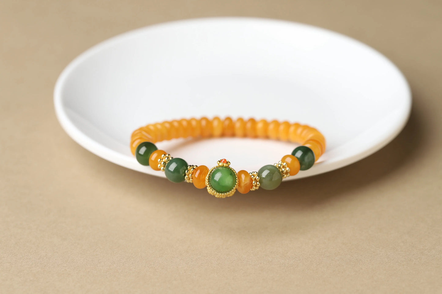 Honey Jade & Green Jasper Bracelet | Feng Shui Amulet for Wealth, Abundance & Graceful Aging | Solar Plexus Chakra Gift BuddhaCrystal