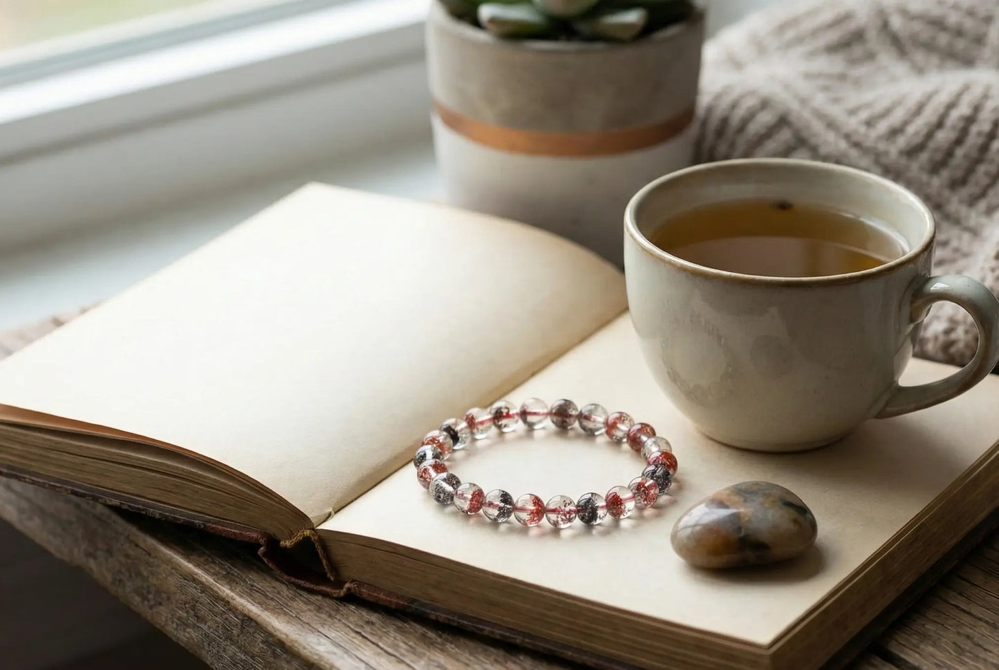 Red Inclusion Quartz Bracelet | Clear Crystal with Fiery Sparks for Vitality, Passion & Grounded Action | Root Chakra Gift BuddhaCrystal